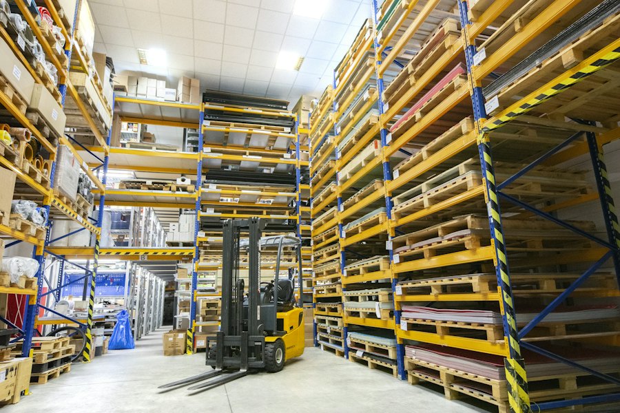 A warehouse aisle stacked with pallets